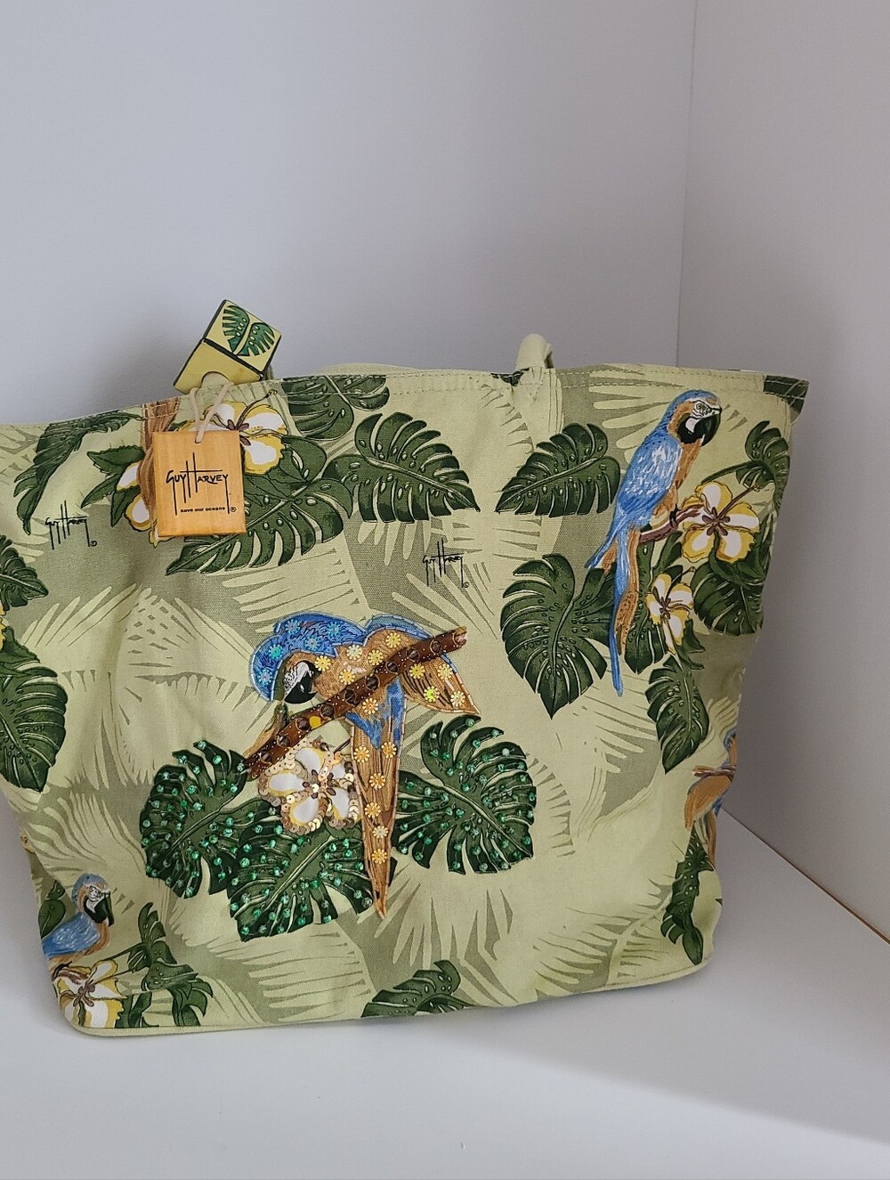 Guy Harvey Tropical Parrot Print Tote / Beach Large Bag - Green